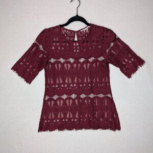 BCBGeneration Red Lace Short Sleeve Fringed Blouse Size XS/S
